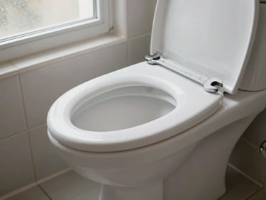 Close-up of a new elongated toilet bowl being secured to a tiled bathroom floor, a wrench resting on the porcelain, natural light from a frosted window, no people