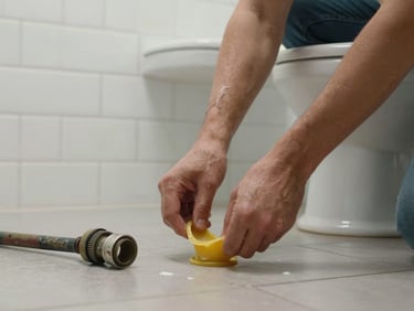 Plumber's hands lifting a toilet off a wax ring on a bathroom floor, old supply line disconnected and laid aside, white subway tile wall behind, natural overhead light