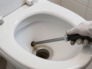View down into a clogged drain opening in a white ceramic toilet, a plumber's gloved hand holding an auger cable ready to feed in, bathroom tile visible in background, daylight