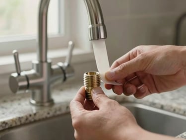 Hands wrapping plumber's tape around the threaded base of a new brushed-nickel kitchen faucet before installation, granite countertop visible below, soft natural window light from the left