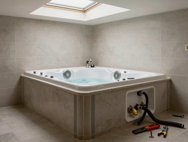 Wide shot of a jetted jacuzzi tub being set into a tiled alcove, supply lines and jet fittings exposed at the side panel, plumber's tools on the bathroom floor, natural light from a skylight above