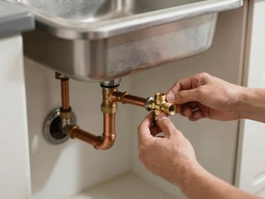 Under-counter kitchenette plumbing being connected — copper supply lines and drain trap visible below a small stainless sink, hands tightening a slip nut, utility room daylight