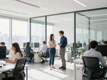 Bright sunlit modern workspace with clean lines, professional team members talking in a collaborative glass-walled office, high-key natural daylight, 35mm