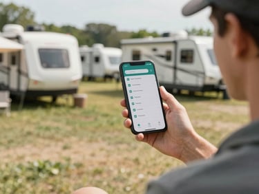 Over-the-shoulder view of a campground manager holding a smartphone displaying a clean communication dashboard, sunny outdoor RV park background