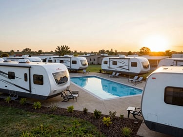 High-angle wide shot of a modern RV resort with a swimming pool and landscaped sites at sunset, clean layout framing.