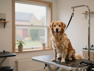 Cozy and clean interior of a boutique dog grooming room in Cheshire, soft light through a window, wooden accents, tidy and peaceful atmosphere.