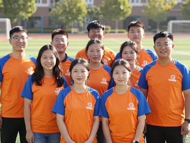 A group of cheerful local volunteers in matching orange and blue shirts posing together on a sports field, warm sunlight, friendly and welcoming.