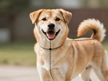 Clear educational diagram showing a happy dog with dotted lines indicating where to measure the neck, chest, and body length, warm and clean style