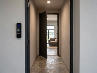 Straight-on framing of a property entrance corridor with keypad access panel, controlled interior lighting, polished concrete floor, neutral-toned walls and a partially open door revealing a furnished operational space beyond
