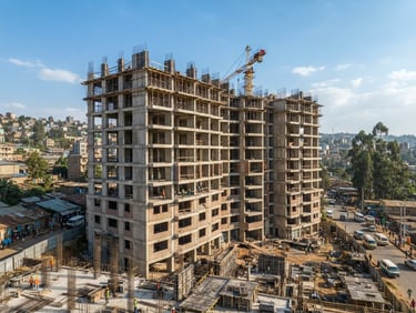 Wide environmental shot of a modern multi-story residential building under construction in Addis Ababa, bright natural daylight, structural concrete columns visible, professional architectural photography