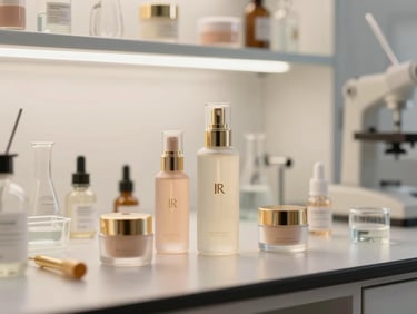 A clean, state-of-the-art cosmetics laboratory with pristine glass equipment and soft golden lighting, premium beauty product photography
