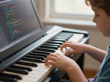 A warm close-up of a child's hands playing a piano keyboard next to a laptop displaying colorful lines of code, soft natural window light, shallow depth of field