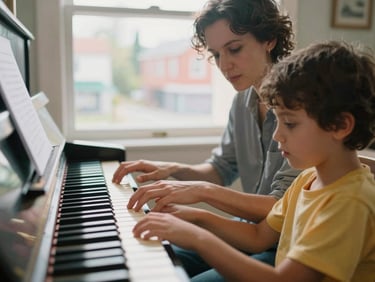 A music instructor patiently guiding a child's hands on a piano keyboard, soft afternoon light streaming through a window, 35mm.