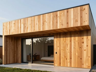 A renovated mid-century modern home exterior, natural vertical wood siding, clean geometric roofline, warm golden hour light, architectural photography