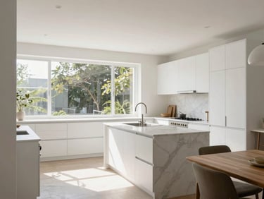 Deep perspective shot of a minimalist kitchen and dining area, natural daylight pouring through large windows, white oak cabinetry, marble countertops, 35mm