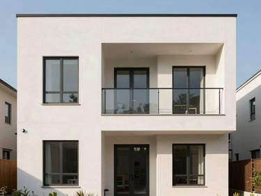 Straight-on architectural facade of a modern residential home, clean lines, premium siding materials, warm afternoon daylight, 35mm