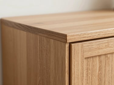Close-up detail of a flawless wood molding joint on custom cabinetry, warm oak texture, sharp focus, 35mm