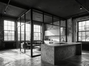 Modern Brooklyn loft interior, custom steel-framed glass partition separating living areas, large concrete kitchen island, high-contrast natural light from industrial windows.