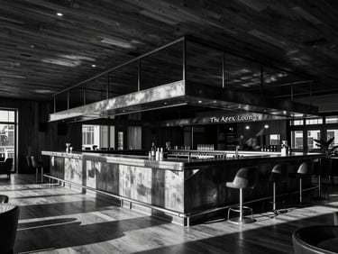 Interior of 'The Apex Lounge', showcasing a suspended raw steel bar structure with integrated lighting, custom wood ceiling, and atmospheric shadows, wide-angle.