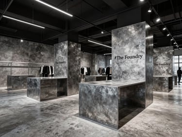 Interior shot of 'The Foundry' retail store, featuring custom raw steel display units, polished concrete floors, and dramatic overhead lighting, architectural perspective.