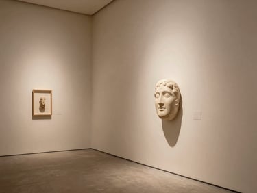 Art gallery interior with seamless plaster walls, indirect warm lighting highlighting a stone sculpture, deep soft shadows, architectural lighting design