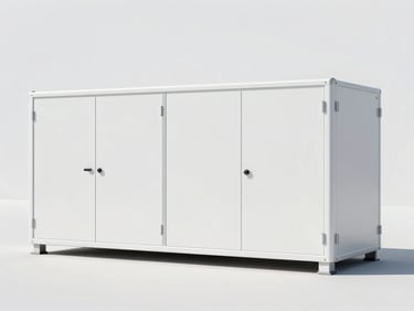 Bright, high-key image of a compact, modular bioenergy unit integrated seamlessly into the back of a modern supermarket, clean lines, no visible waste, sharp focus, 35mm