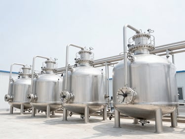 Wide architectural shot of a modern, clean anaerobic digestion facility under high-key daylight, stainless steel piping, sterile environment, sharp focus, 35mm