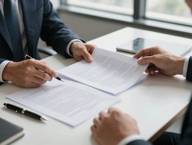 Close environmental shot of a real estate professional's desk, hands reviewing printed documents and a legal file, natural daylight from an office window illuminating the papers, pen resting beside a stamped form