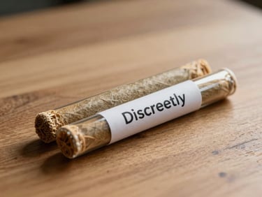 Discreetly packaged pre-rolls sealed in a minimalist glass tube, resting on a clean wooden surface, soft shadows.