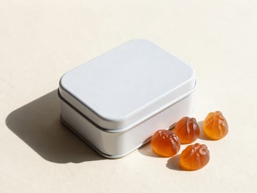 A minimalist matte-white tin of artisanal gummies resting on a clean cream surface, bright natural daylight.
