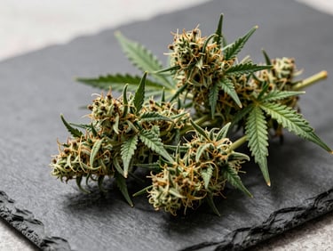 Close-up of fresh, dense green cannabis flower resting on a dark slate surface under bright natural daylight, clean shadows.
