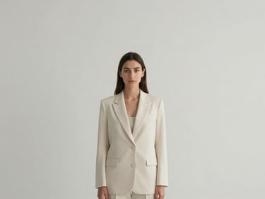 Minimalist editorial portrait of a female market researcher in a clean studio, soft overcast daylight, muted slate and cream tones.