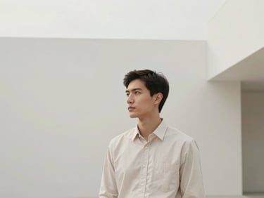 Minimalist editorial portrait of a male systems analyst looking thoughtfully to the side, soft overcast daylight, clean architectural lines background.