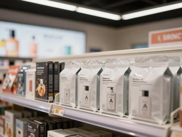 A product launch display in a retail environment — packaged product under clean store lighting on a branded shelf, campaign graphics visible on an in-store screen behind, no people