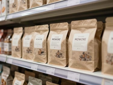 Product packaging on a retail shelf in a well-lit store environment — the designed packaging visible in full, photographed at eye level with clean store lighting