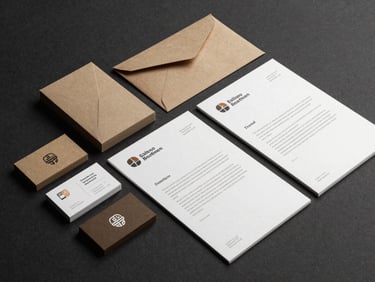 Wide shot of a brand identity rollout — business cards, envelope, and letterhead arranged on a dark surface under directional studio light, full layout visible with typographic precision