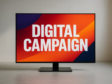 Wide landscape view of a digital campaign displayed on a large monitor in a minimal studio setting, clean ambient light from the left, campaign creative fills the full screen with bold typographic headline visible