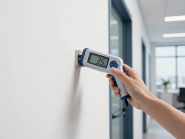 Close-up of a digital moisture meter testing a clean drywall surface in a sunlit, modern office corridor, sharp focus, 35mm lens.
