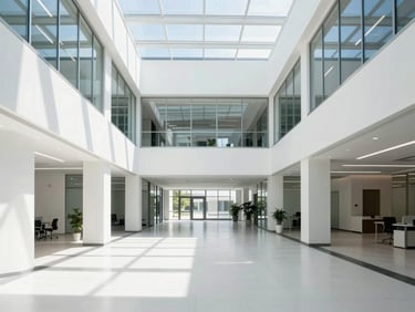 Straight-on architectural shot of a bright modern corporate office lobby flooded with natural daylight, white walls, clean glass partitions, high-key exposure, 35mm lens.