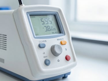 Macro detail shot of a professional air calibration instrument in a brightly lit, clean laboratory setting with high-key white and blue tones.