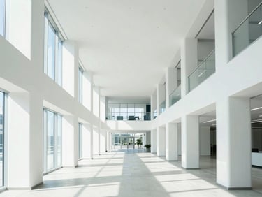 Bright architectural photography of a modern high-key office interior flooded with daylight, clean straight-on lines, 35mm lens