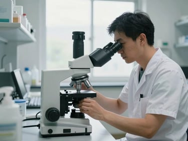 A professional NUTH clinician in a bright, clean laboratory environment, adjusting a modern microscope, natural light from a large window