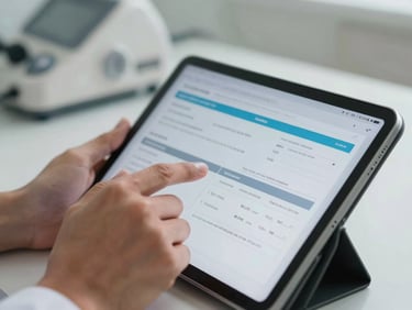 A close-up of a clinician's hands in Sokoto using a modern tablet interface displaying sterile clinical charts, bright natural lighting, medical equipment subtly visible in background