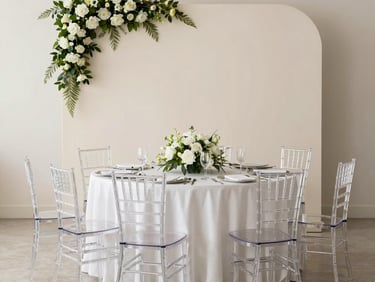 A close-up of champagne gold cake plinths next to a soft blush Chiara backdrop panel, elegant venue lighting, 35mm