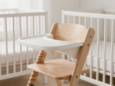 A clean, modern wooden high chair and premium white crib in a bright, sunlit room, minimalist styling, 35mm