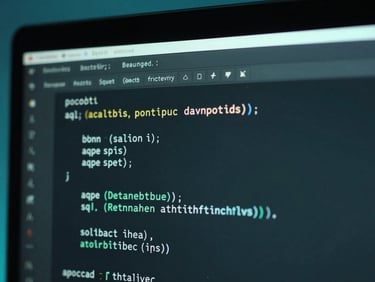 Macro shot of clean SQL code on a high-resolution monitor, cool moody ambient light, neon teal accents, sharp focus, 35mm