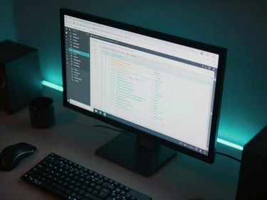 Overhead flat-lay of a developer workspace with a glowing monitor displaying database schema, subtle neon backlighting, 35mm