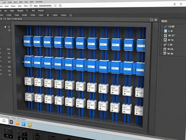Render digital de um quadro elétrico detalhado no Revit MEP, com fiação interna em azul elétrico e etiquetas claras, em dark mode, vista isométrica.