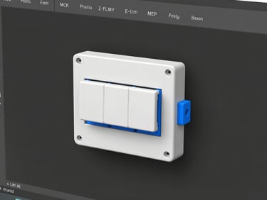 Close-up de famílias paramétricas de tomadas e interruptores no Revit MEP, mostrando detalhes de modelagem 3D e representação gráfica limpa, fundo escuro, acentos em azul elétrico, 8k resolution.