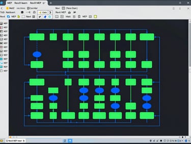 Captura de tela de um diagrama unifilar gerado automaticamente no Revit MEP, com representação gráfica limpa e cores de destaque em verde neon, fundo escuro, alta resolução, vista isométrica.